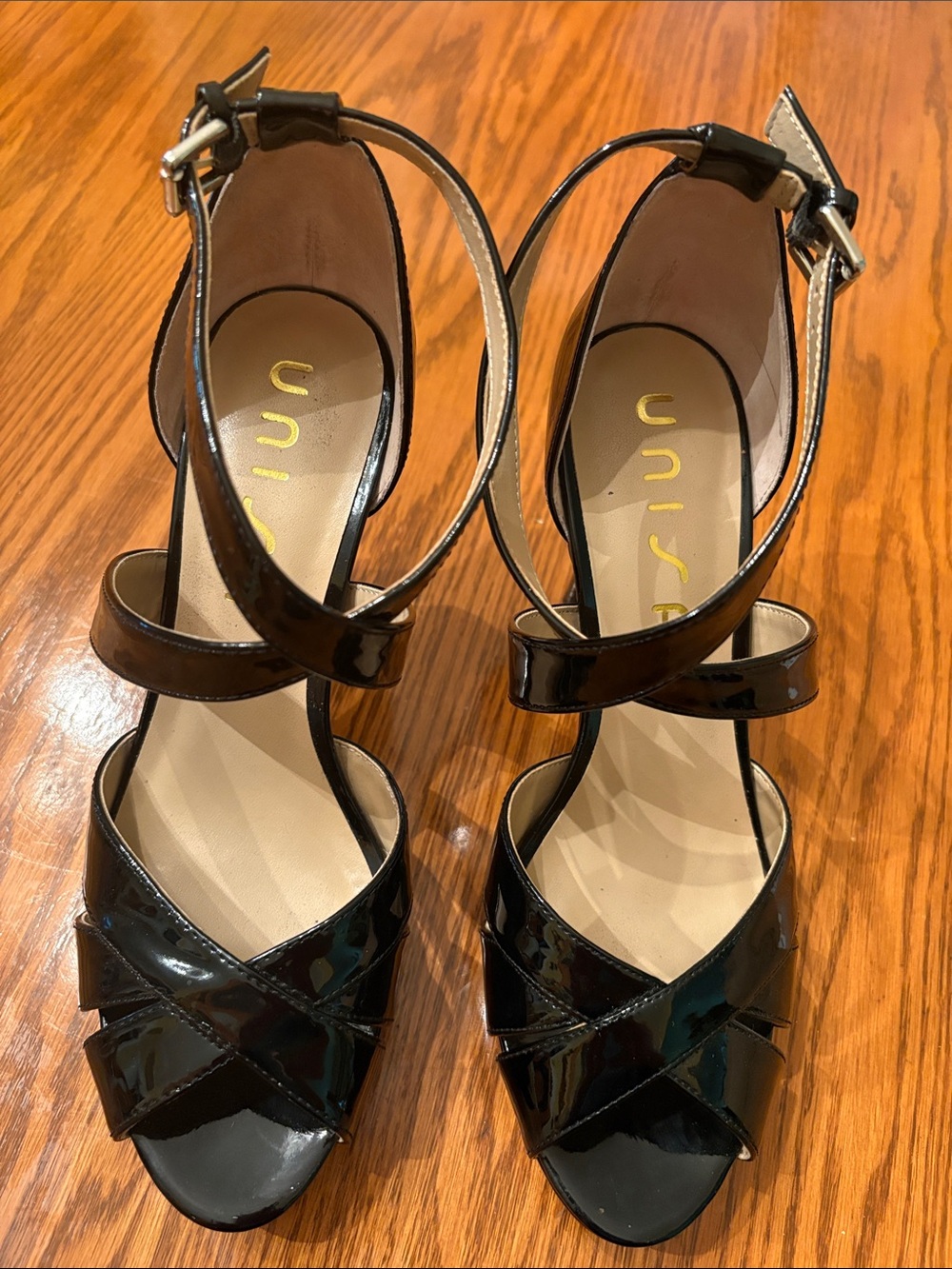 Unisa Black Patent Crisscross Ankle-Strap Heels